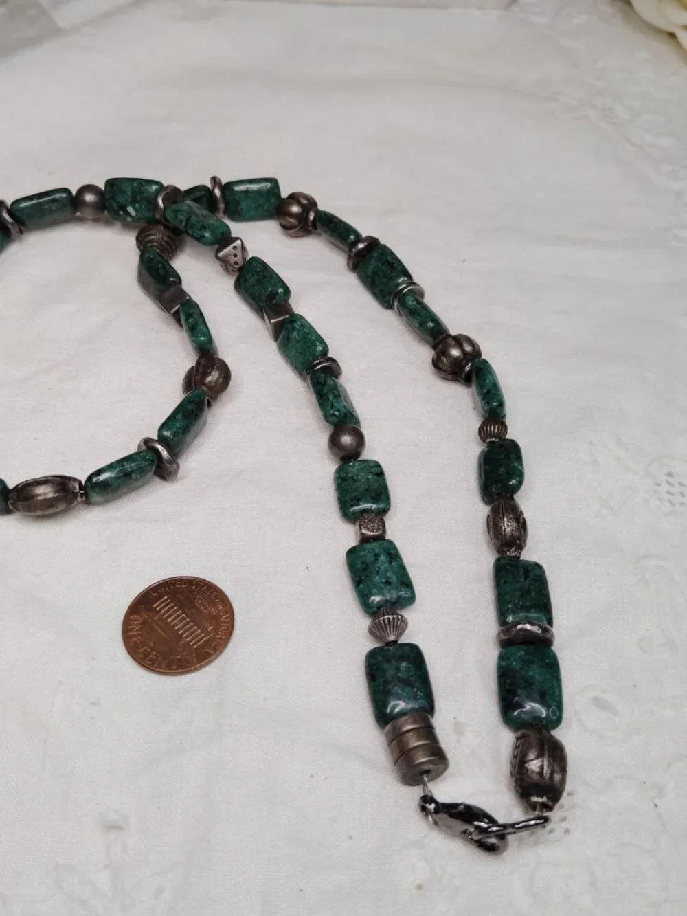 Verdite & Silver‑Tone Bead Necklace – 24